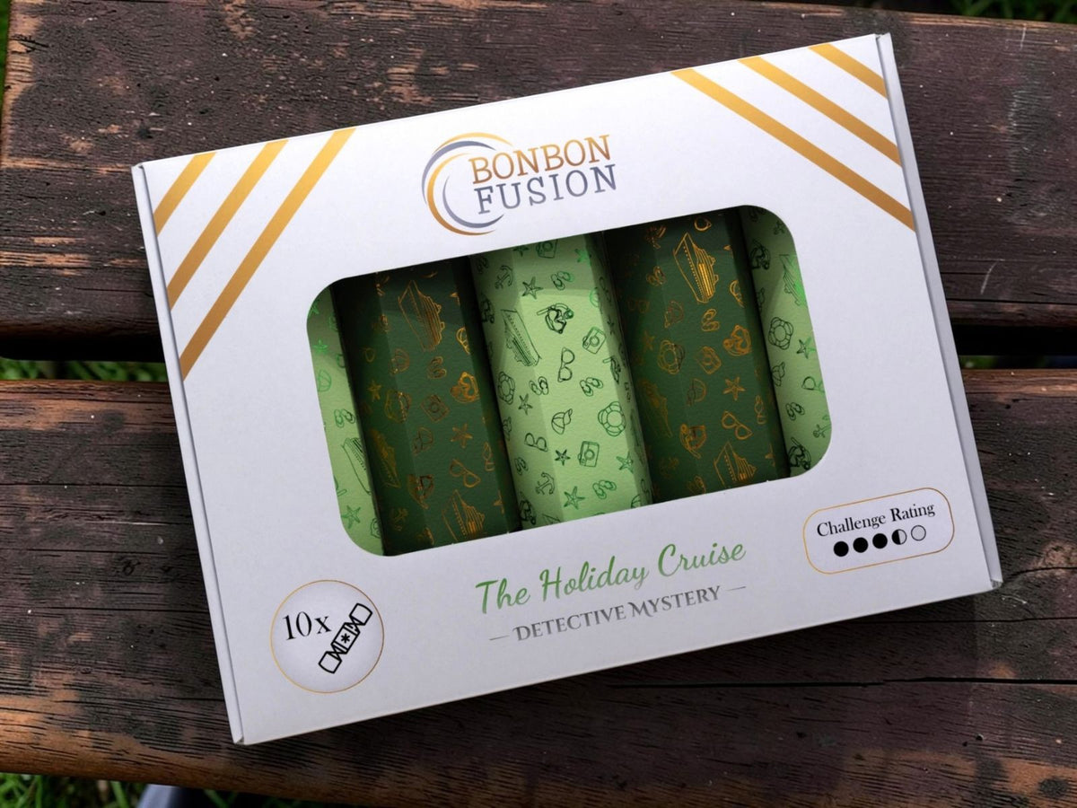 Bonbon Fusion The Holiday Cruise Detective Mystery pack of ten green and gold Christmas bonbons in a white gift box on a wooden picnic table, with a challenge rating of 3.5 out of 5
