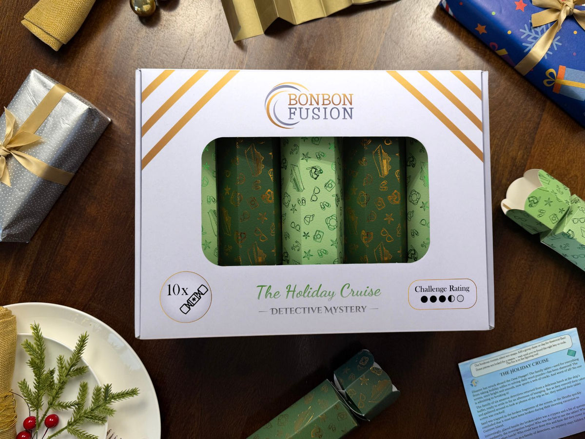 Bonbon Fusion Holiday Cruise Detective Mystery pack of 10 green and gold Christmas bonbons on a wooden table, surrounded by wrapped gifts, bonbons, a story card and a festive place setting.