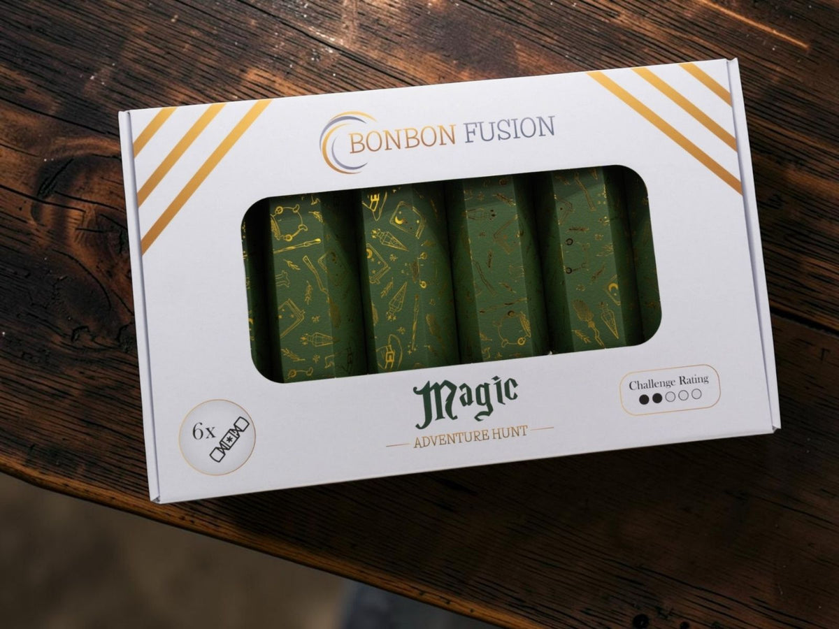 Bonbon Fusion Magic Adventure Hunt pack of six green and gold foil Christmas bonbons in a white gift box on a dark wooden table, with a challenge rating of 2 out of 5