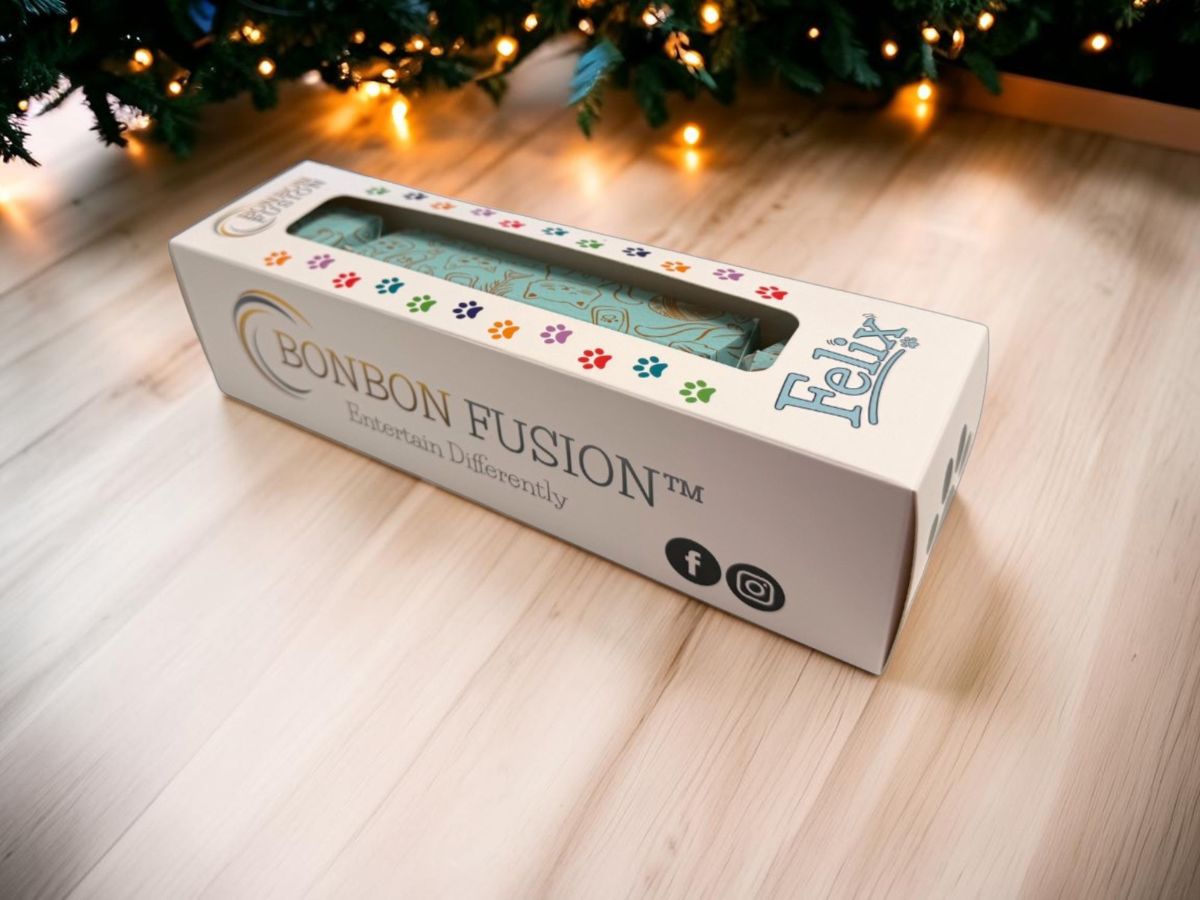 Bonbon Fusion Felix pet Christmas bonbon for cats in a white gift box with colourful paw prints, showing a mint and gold foil bonbon through the window, on a wooden floor beneath a Christmas tree with fairy lights