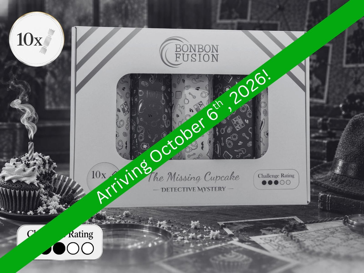 Bonbon Fusion The Missing Cupcake Detective Mystery pack of ten Christmas bonbons in a detective-themed setting with a half-eaten cupcake, with a green banner reading "Arriving October 6th, 2026!