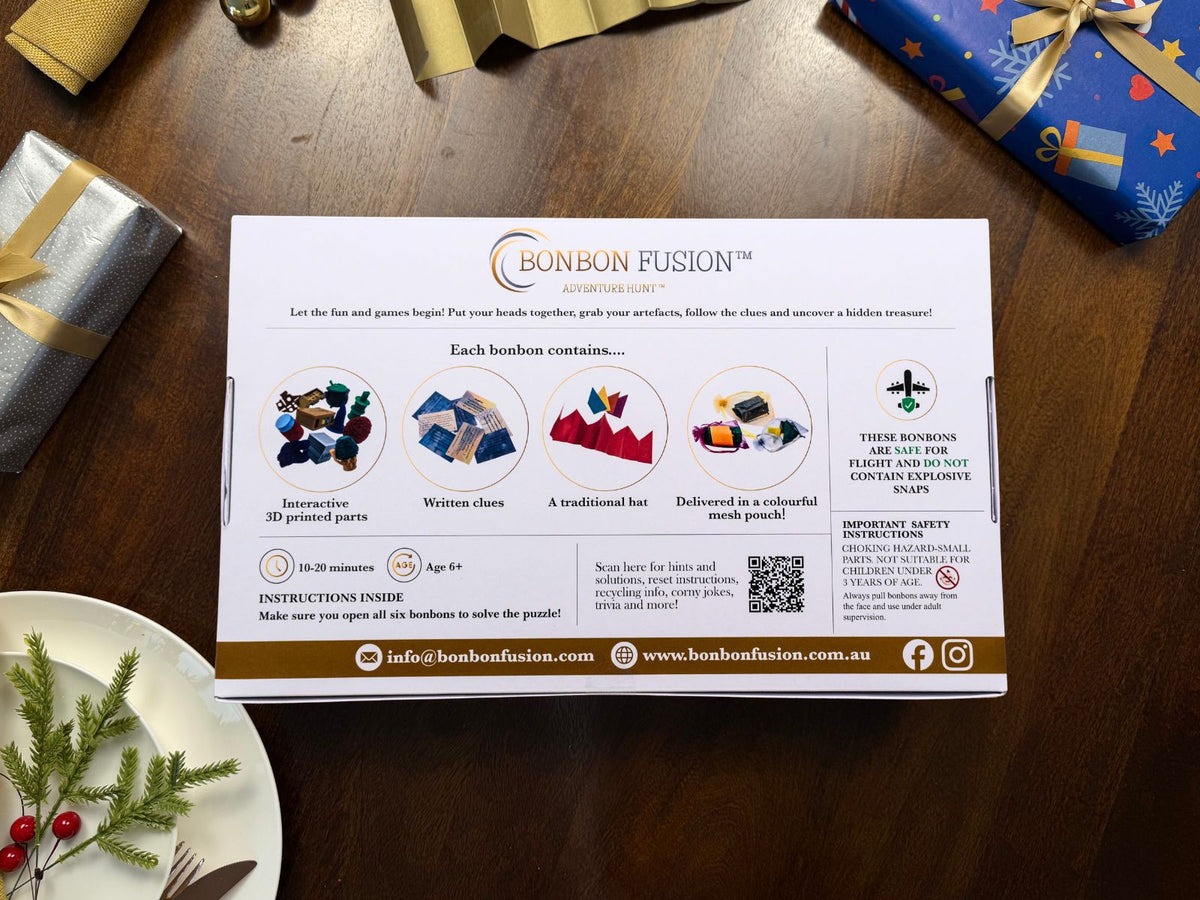 Back of the Bonbon Fusion Adventure Hunt box showing what's inside each bonbon: interactive 3D printed parts, written clues, a traditional hat and a colourful mesh pouch. Suitable for ages 6+, takes 10-20 minutes, and safe for flights with no explosive snaps