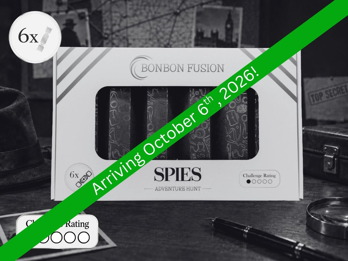 Bonbon Fusion Spies Adventure Hunt pack of six Christmas bonbons in a detective-themed spy setting, with a green banner reading "Arriving October 6th, 2026!"